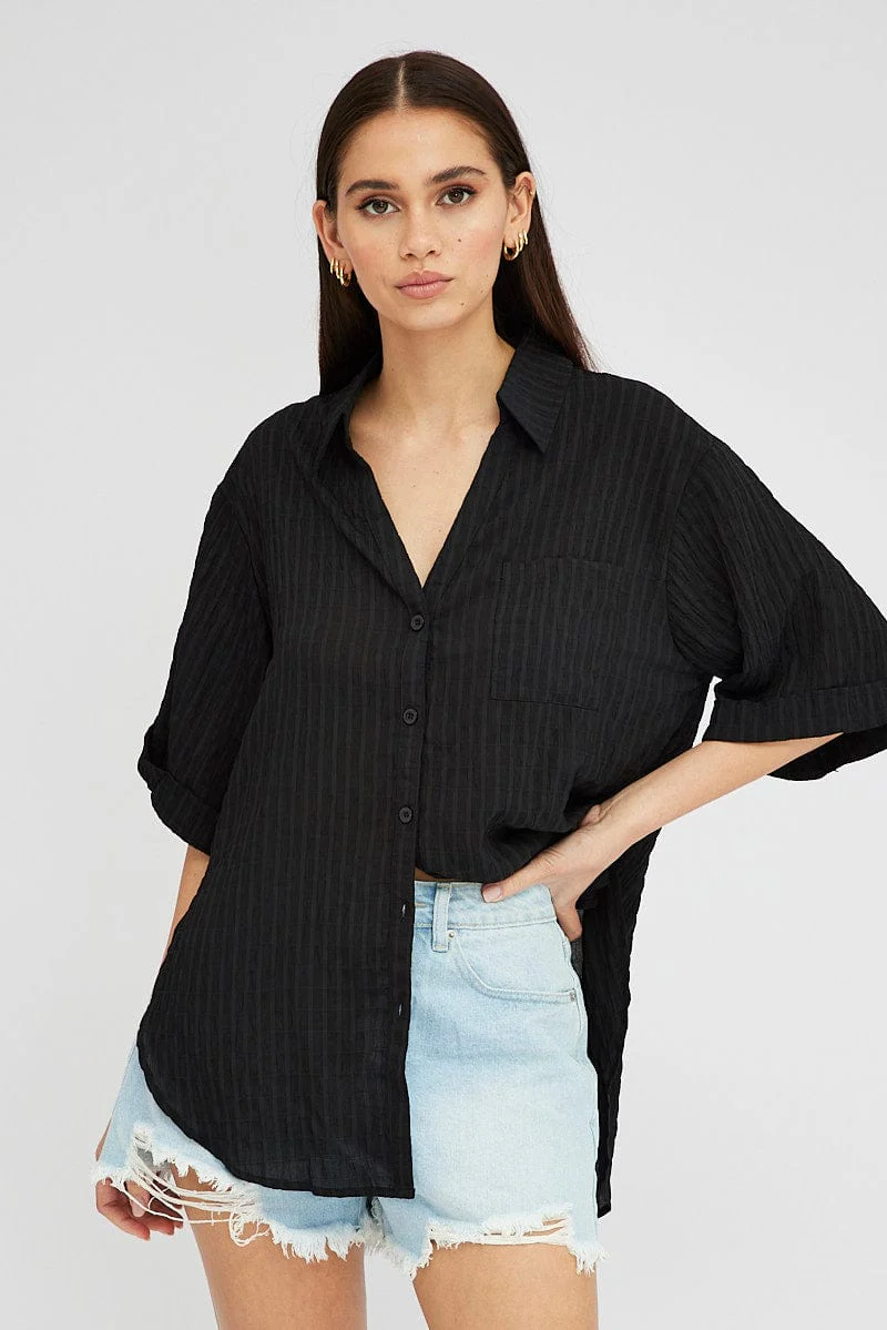 Black Shirt Short Sleeve Collared Neck
