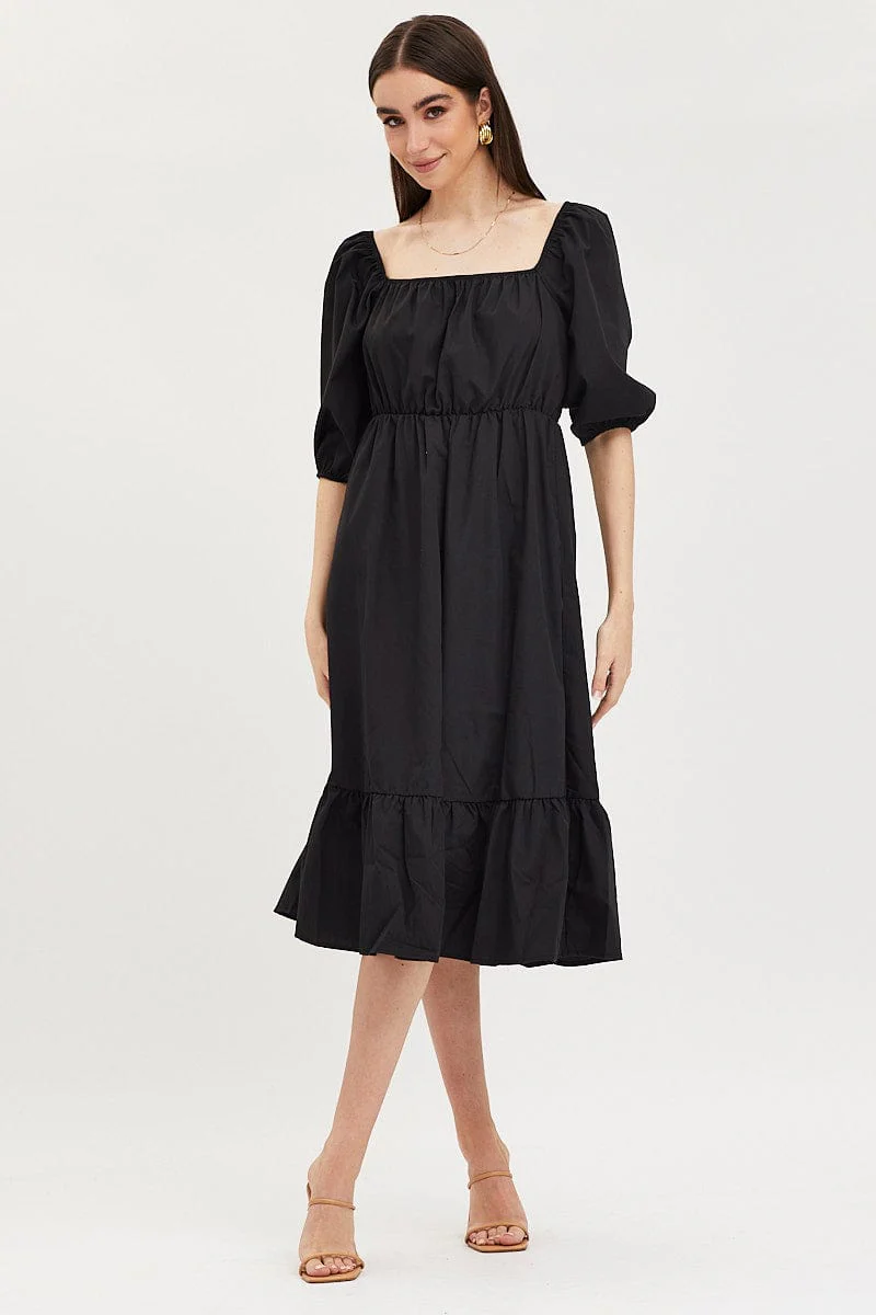 Black Midi Dress Short Sleeve Square Neck