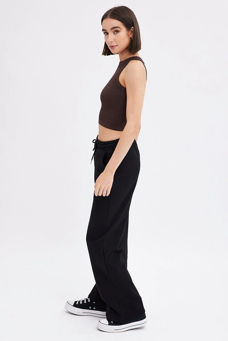 Black Wide Leg Track Pants High Rise