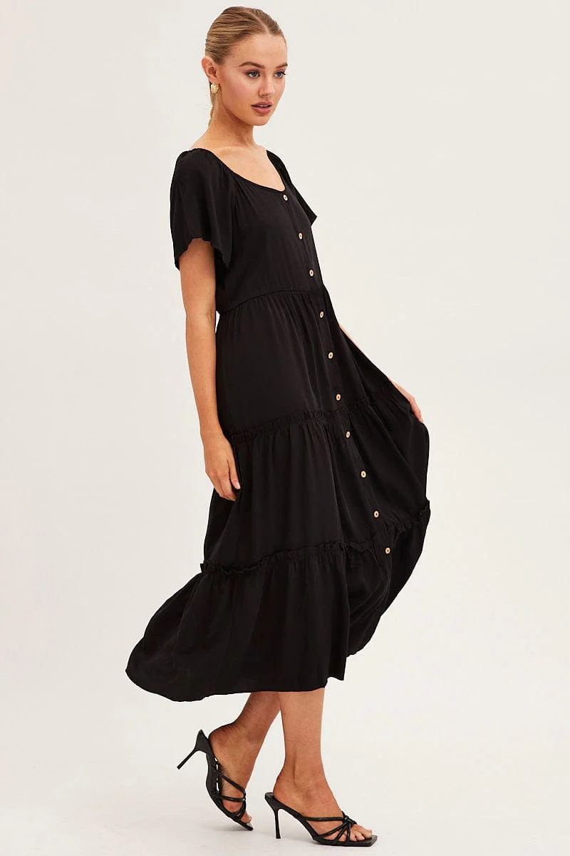 Black Button Short Sleeve Maxi Dress