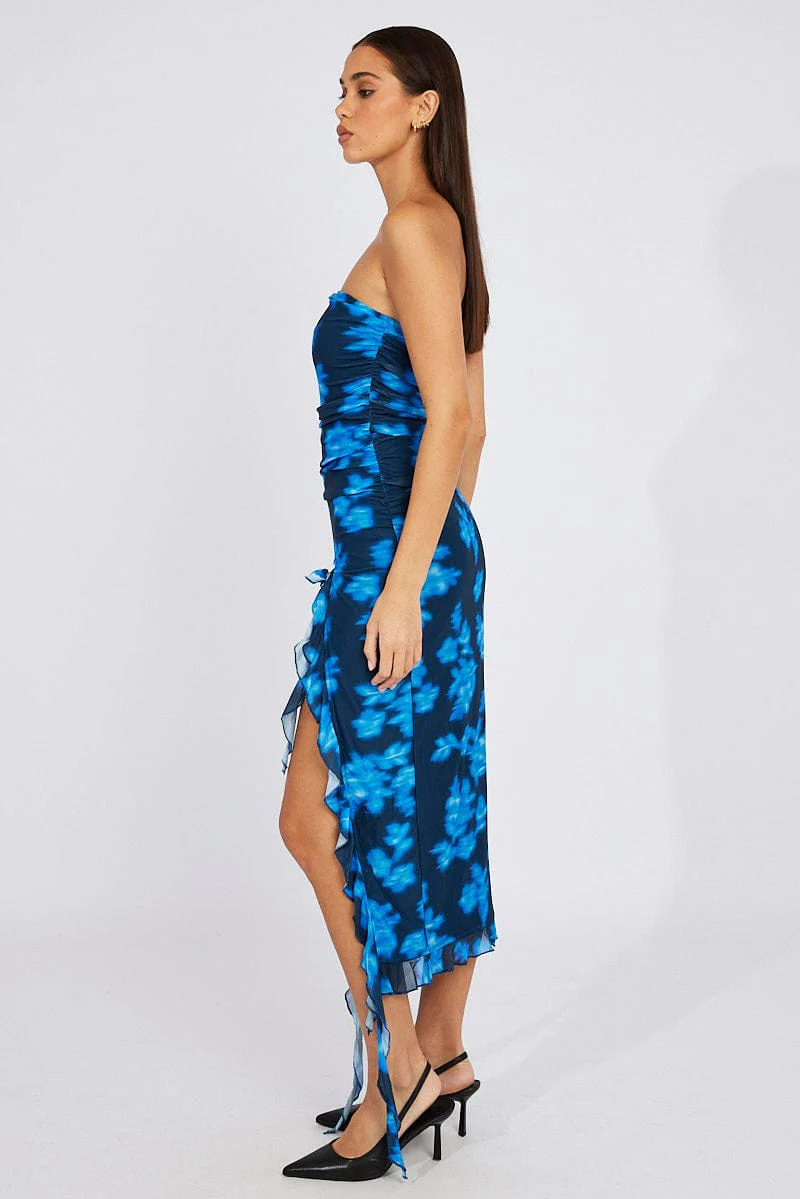 Black Floral Ruffle Dress Strapless Mesh