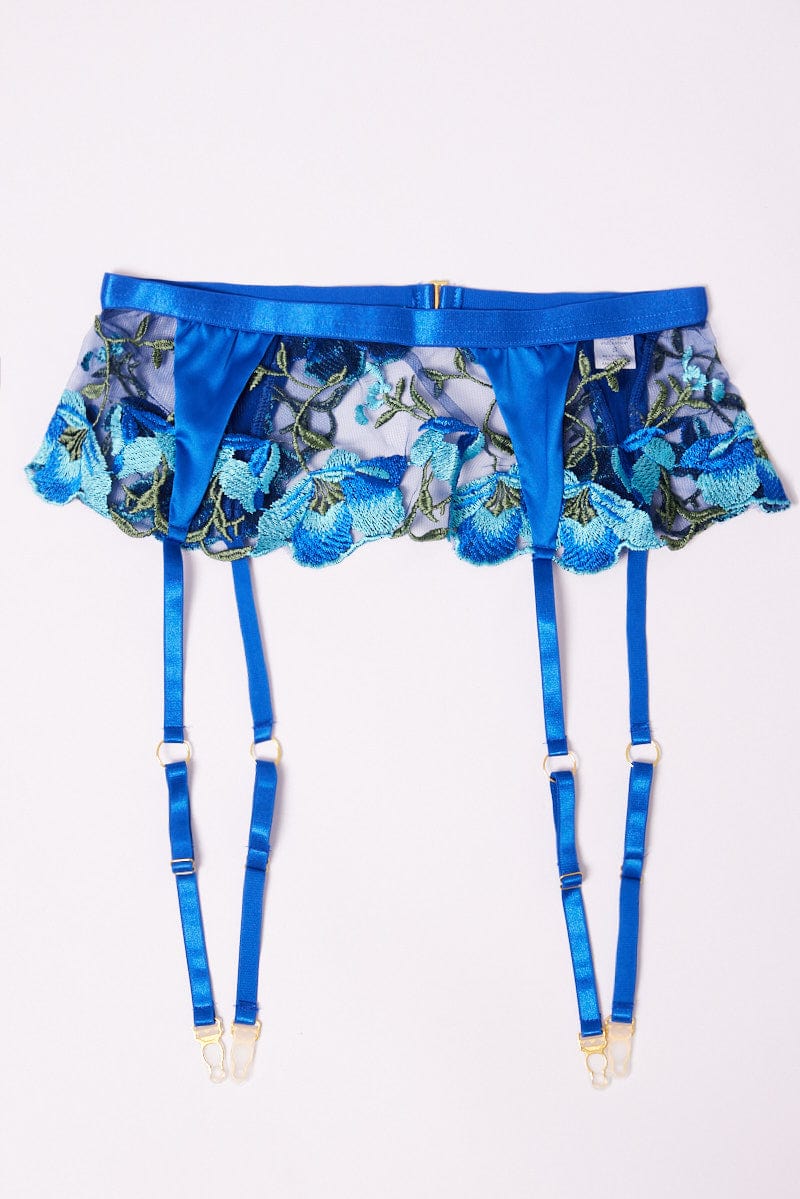 Blue Floral Embroidery Lingerie Set