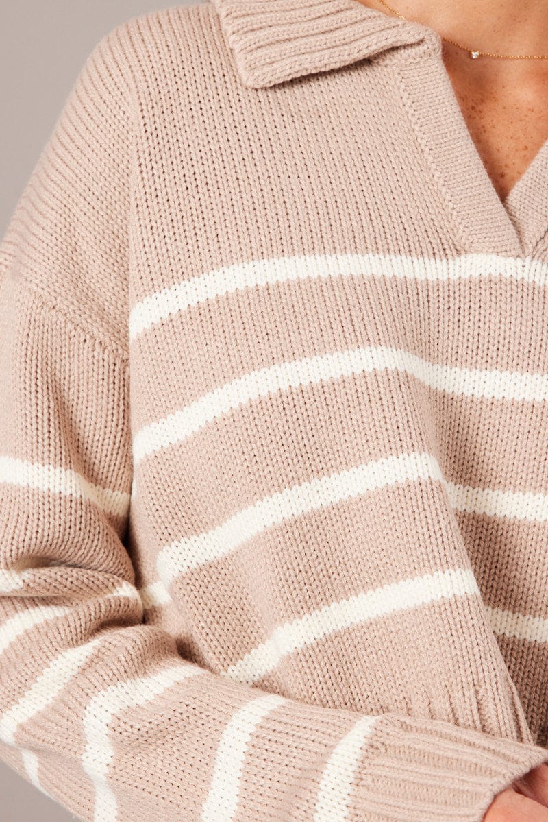 Beige Stripe Knit Top Long Sleeve Collared Jumper