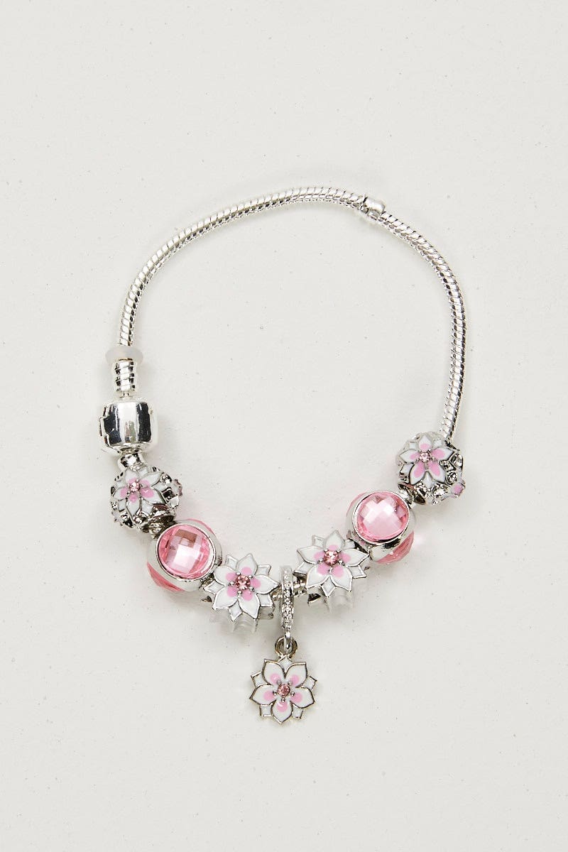 Silver Charm Bracelet With Flower Beads