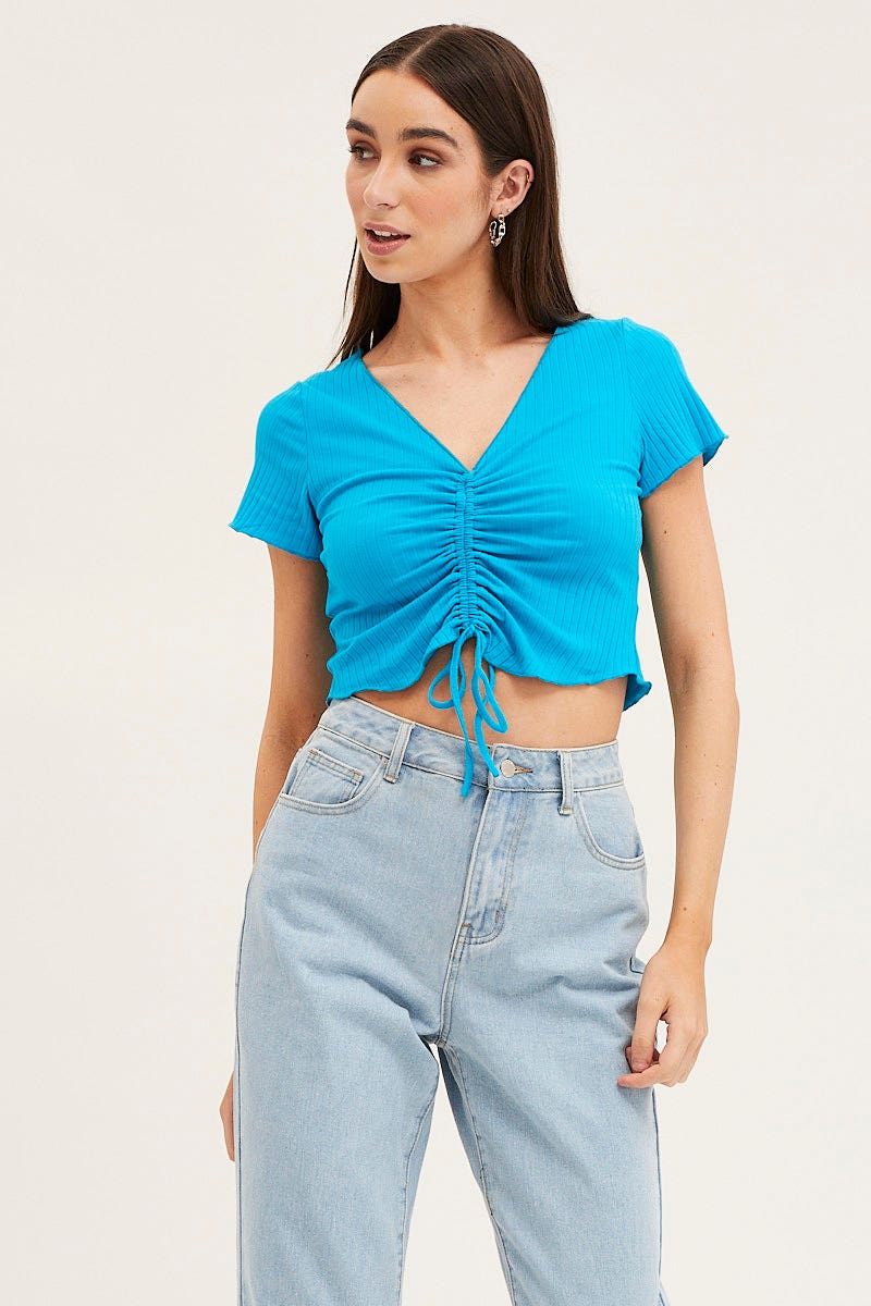 Blue Crop Top Short Sleeve Ribbed