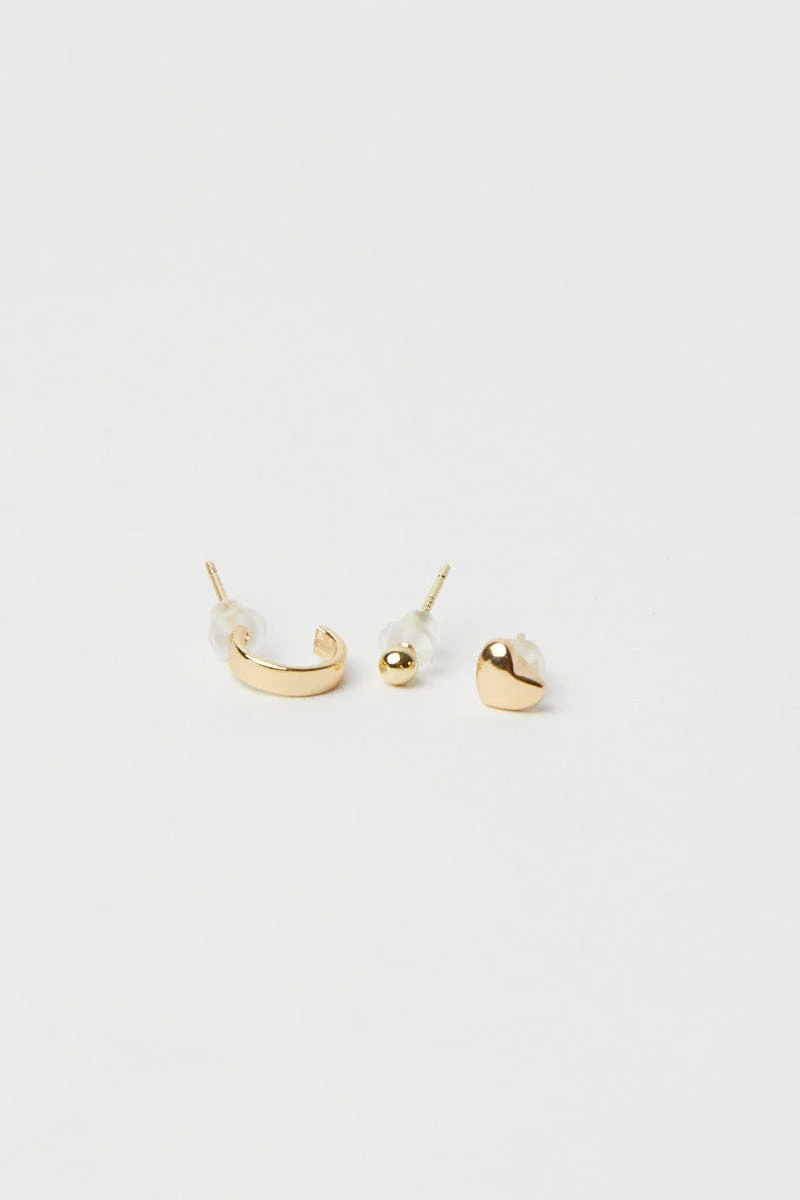 Gold 3 pack Hoop Ball and Heart Earrings