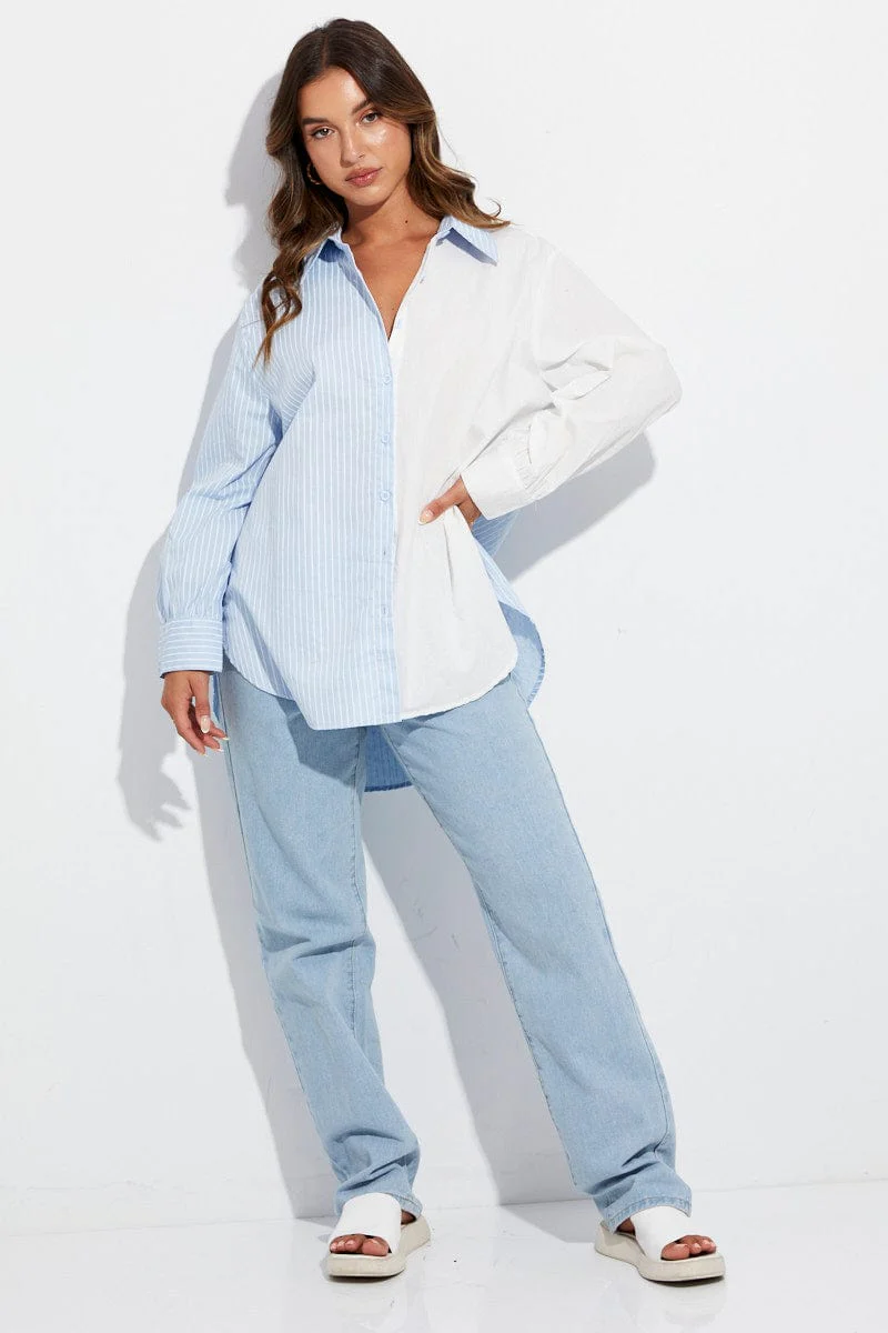 Blue Stripe Shirt Long Sleeve Collar Colour Block