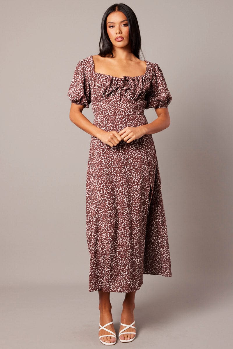 Brown Ditsy Midi Dress Puff Sleeve Midi
