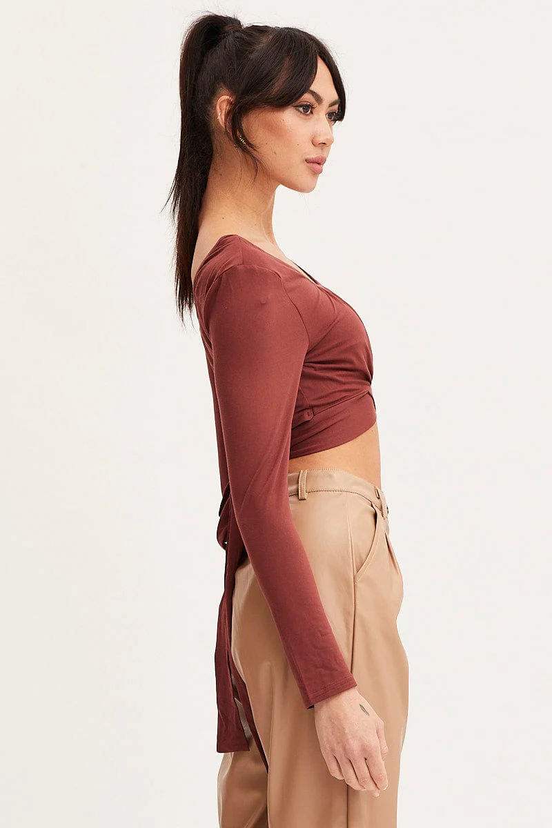 Brown Tie Back Top Long Sleeve Crop