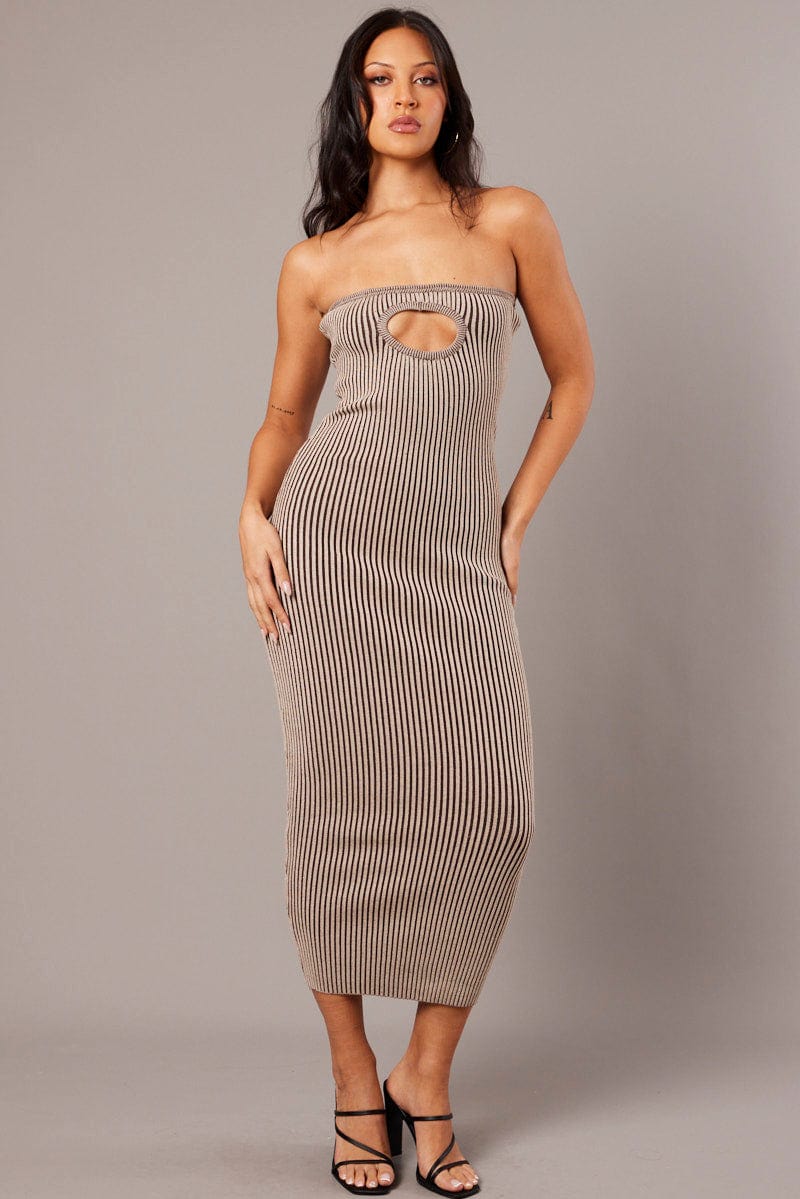 Brown Knit Dress Key Hole Front Bandeau Midi