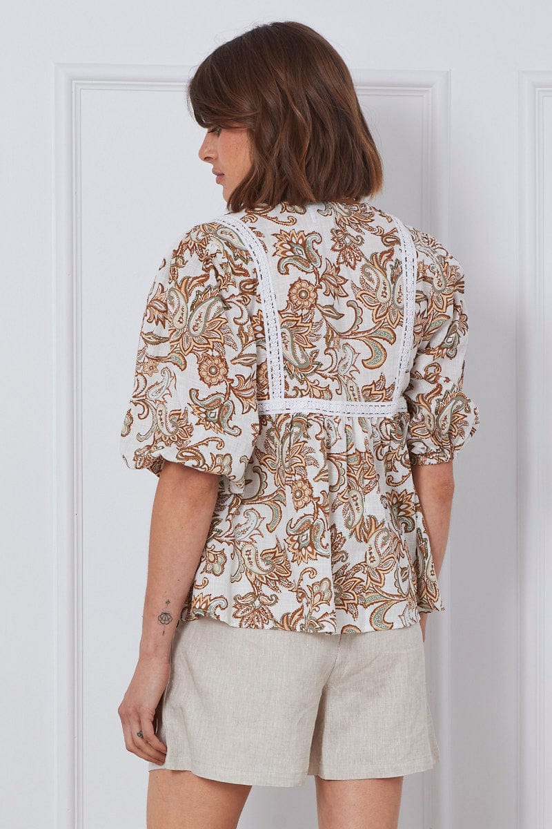 Print Relaxed Top Short Sleeve Oversized Square Neck