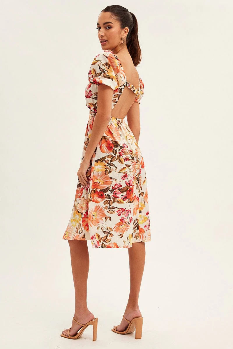 White Floral Twist Front Midi Dress