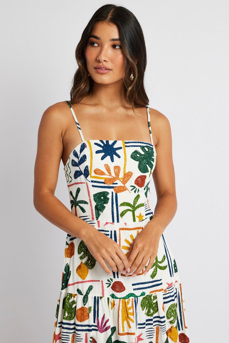 Multi Abstract Midi Dress Strappy Cutout Linen Blend