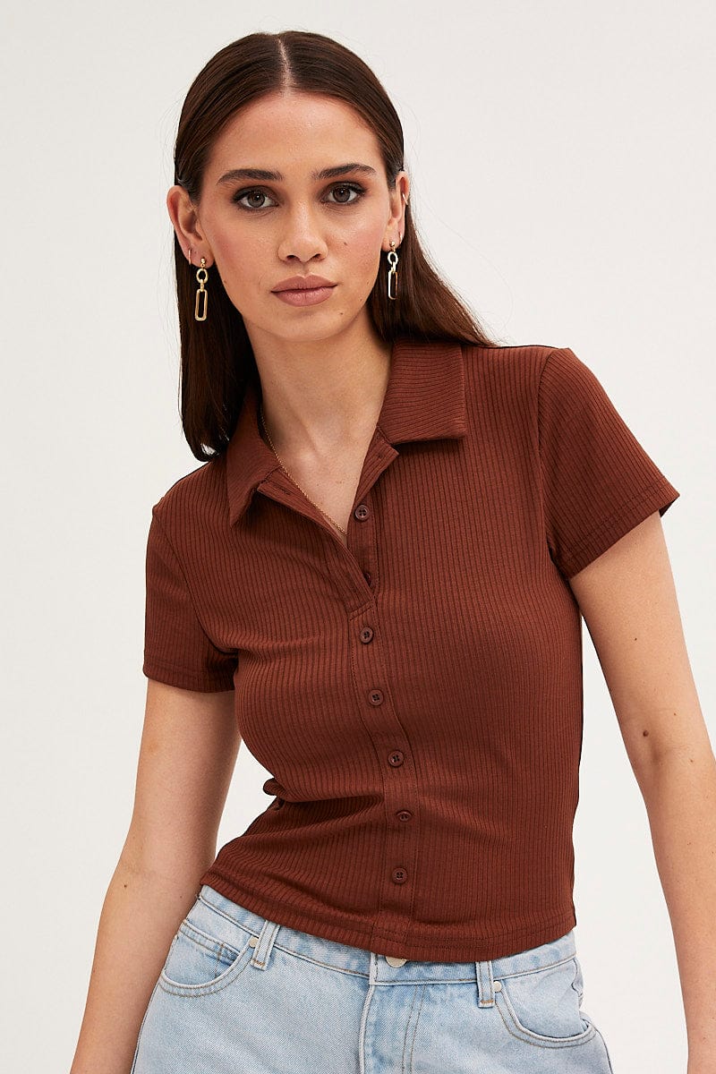 Brown Collared Top Short Sleeve Button Up Rib Jersey