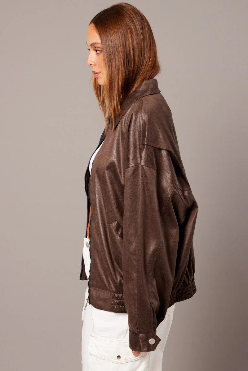 Brown Faux Leather Jacket Long Sleeve