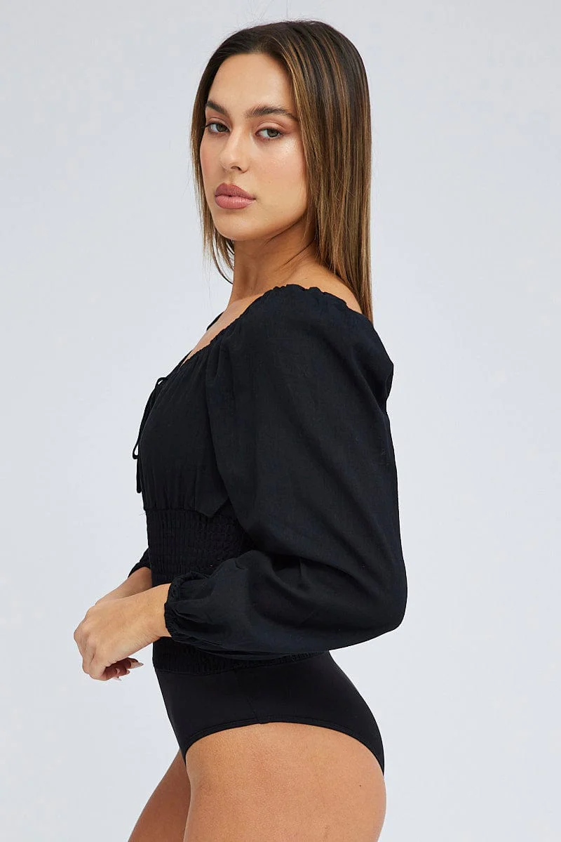 Black Bodysuit Short Sleeve Sweetheart Neck