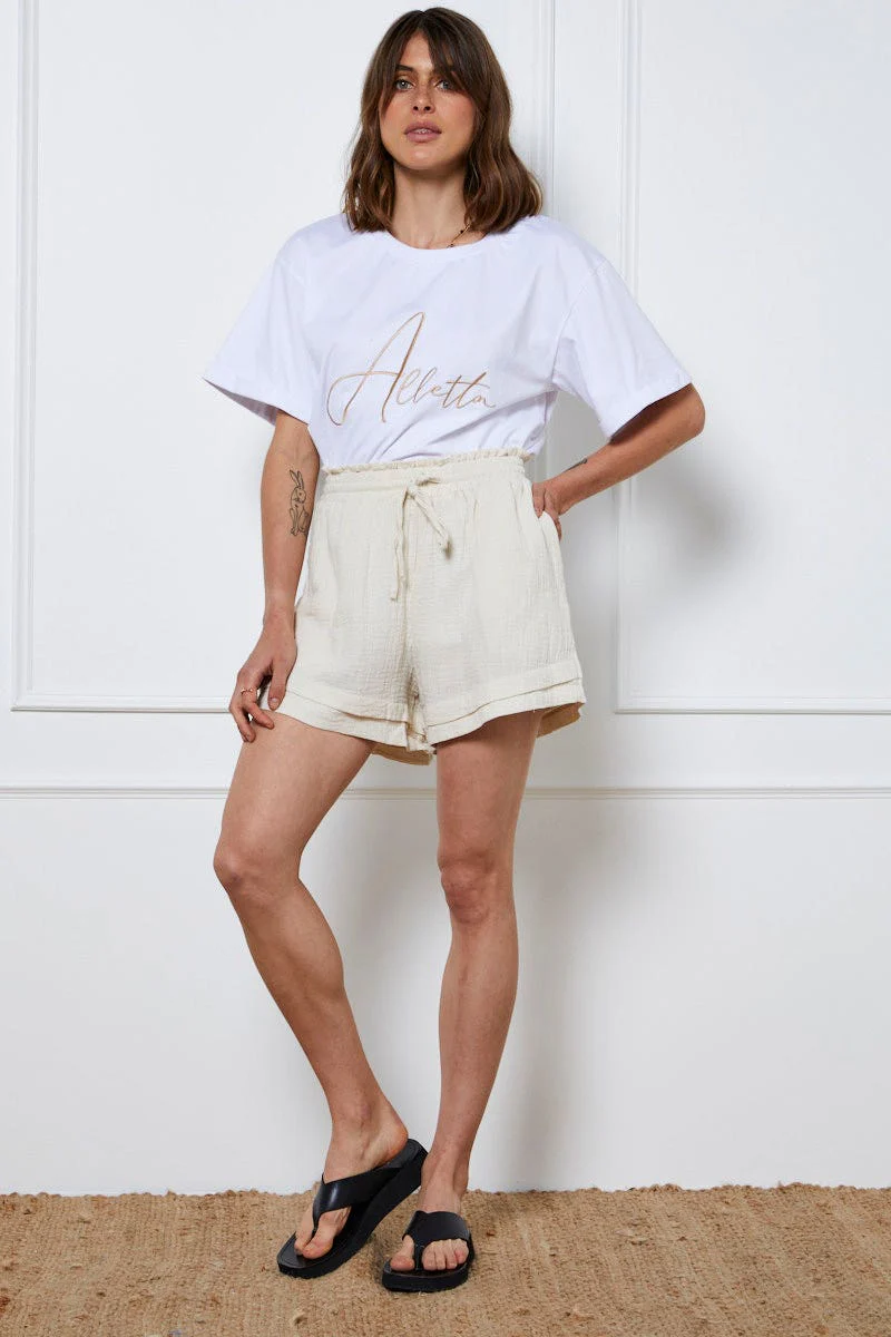 Beige Textured Shorts High Waist