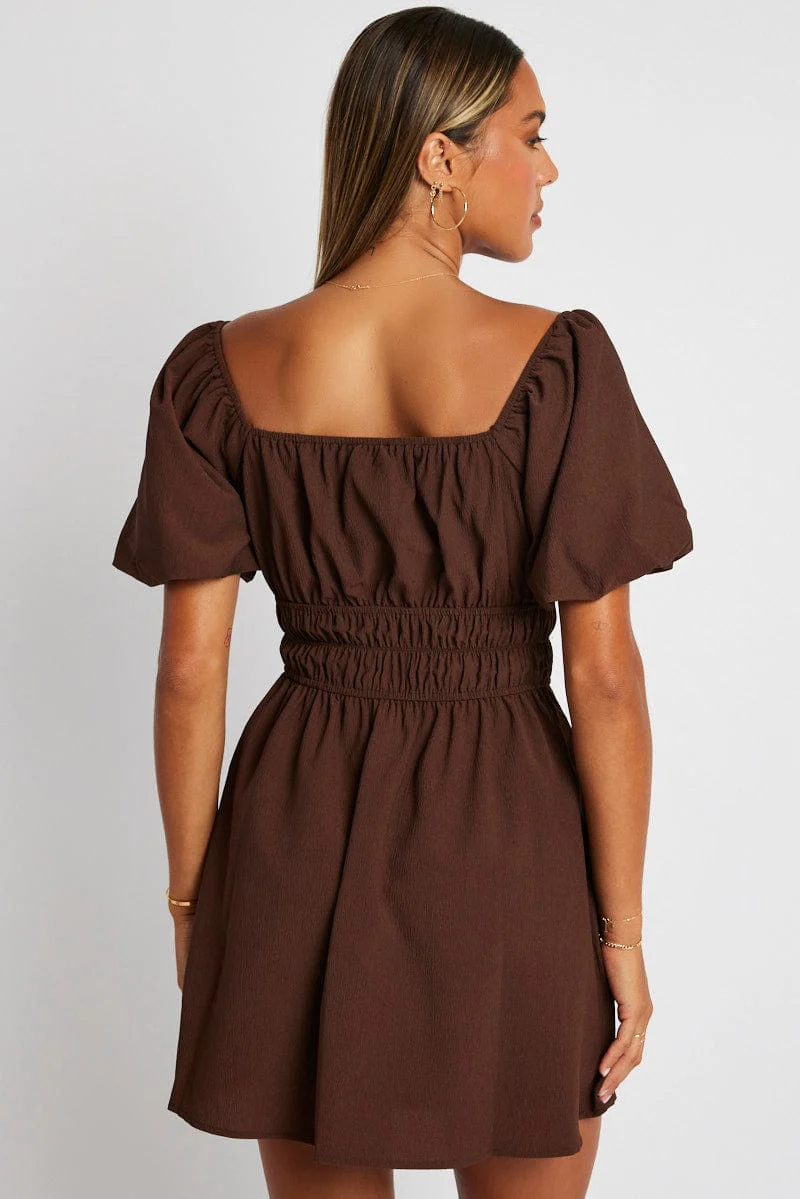 Brown Fit And Flare Dress Puff Sleeve Mini
