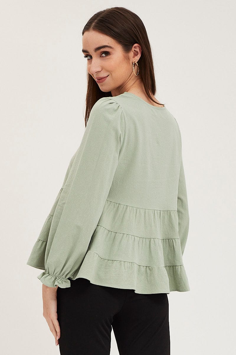 Green Smock Top Long Sleeve