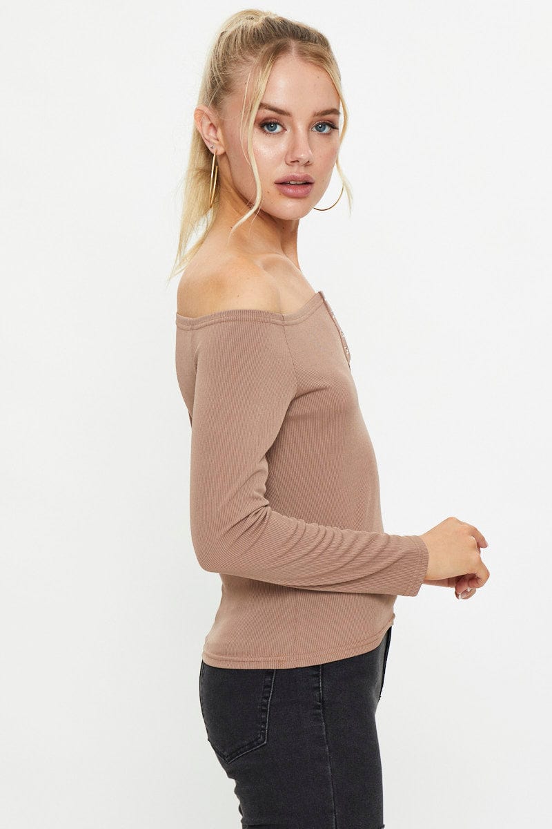Brown Snap Button Off Shoulder Knit