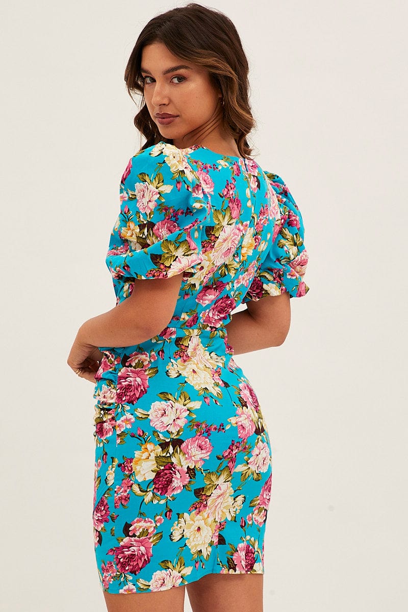 Green Floral Mini Dress Puff Sleeve V-Neck