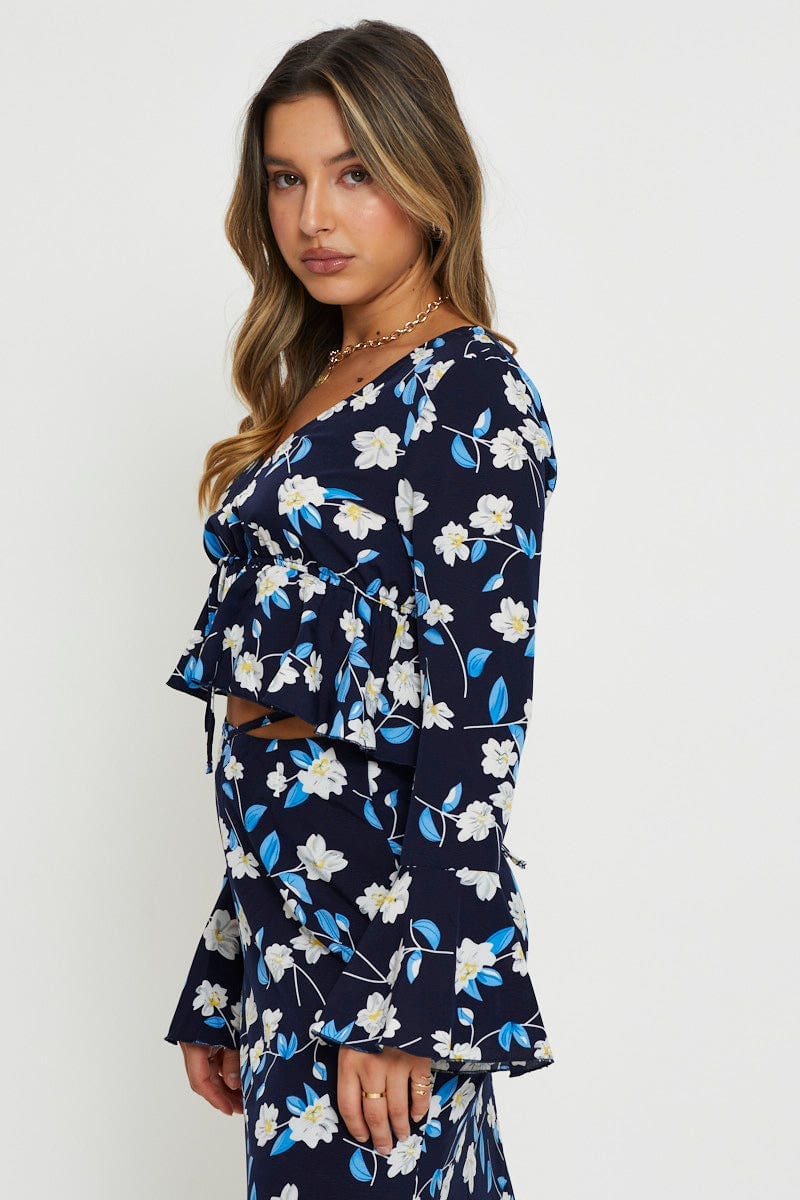 Print Peplum Top Long Sleeve Off Shoulder