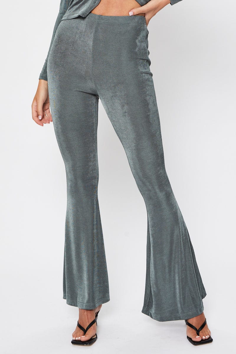 Green Highwaist Jersey Flare Hem Pants