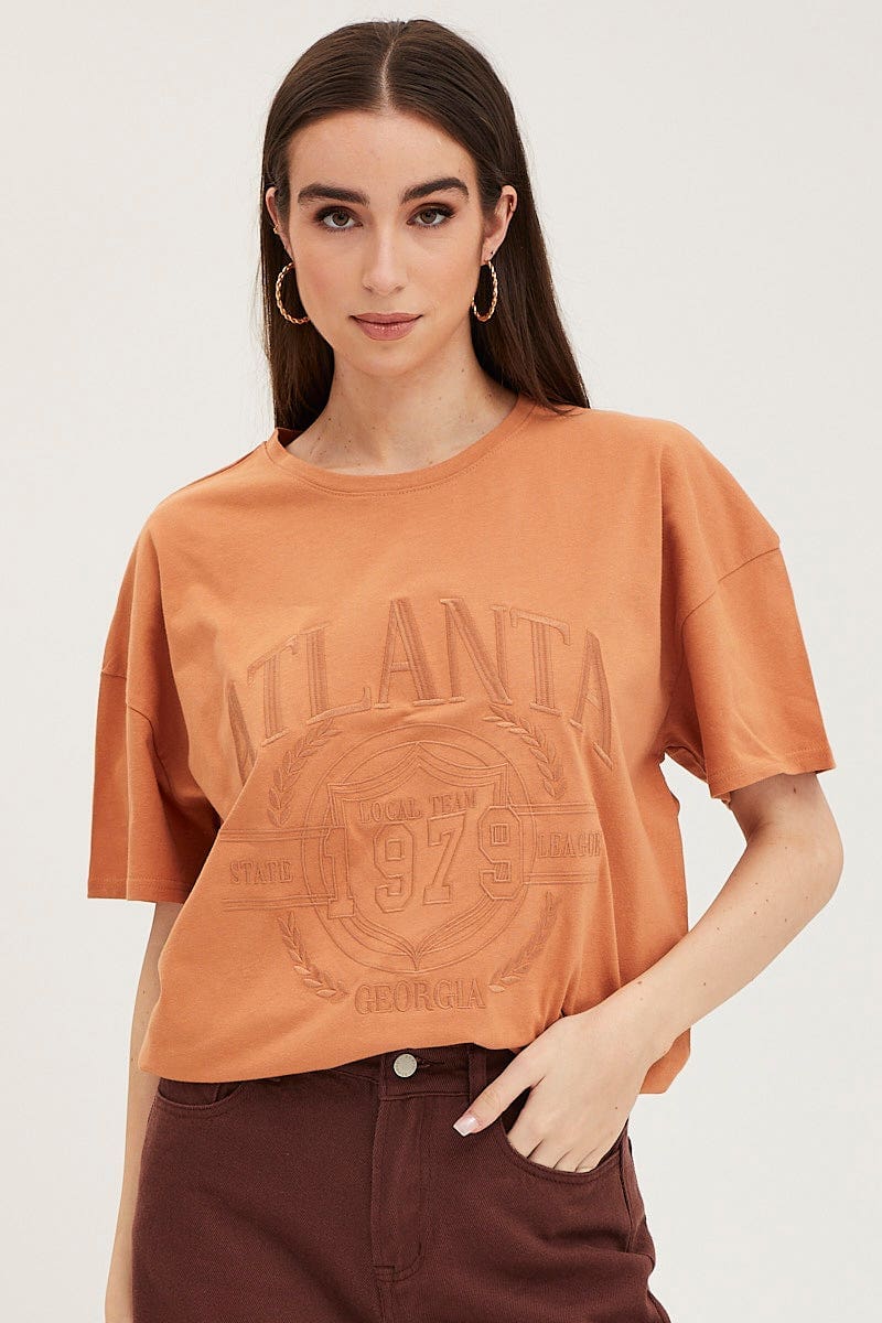 Orange Graphic T Shirt Embroided