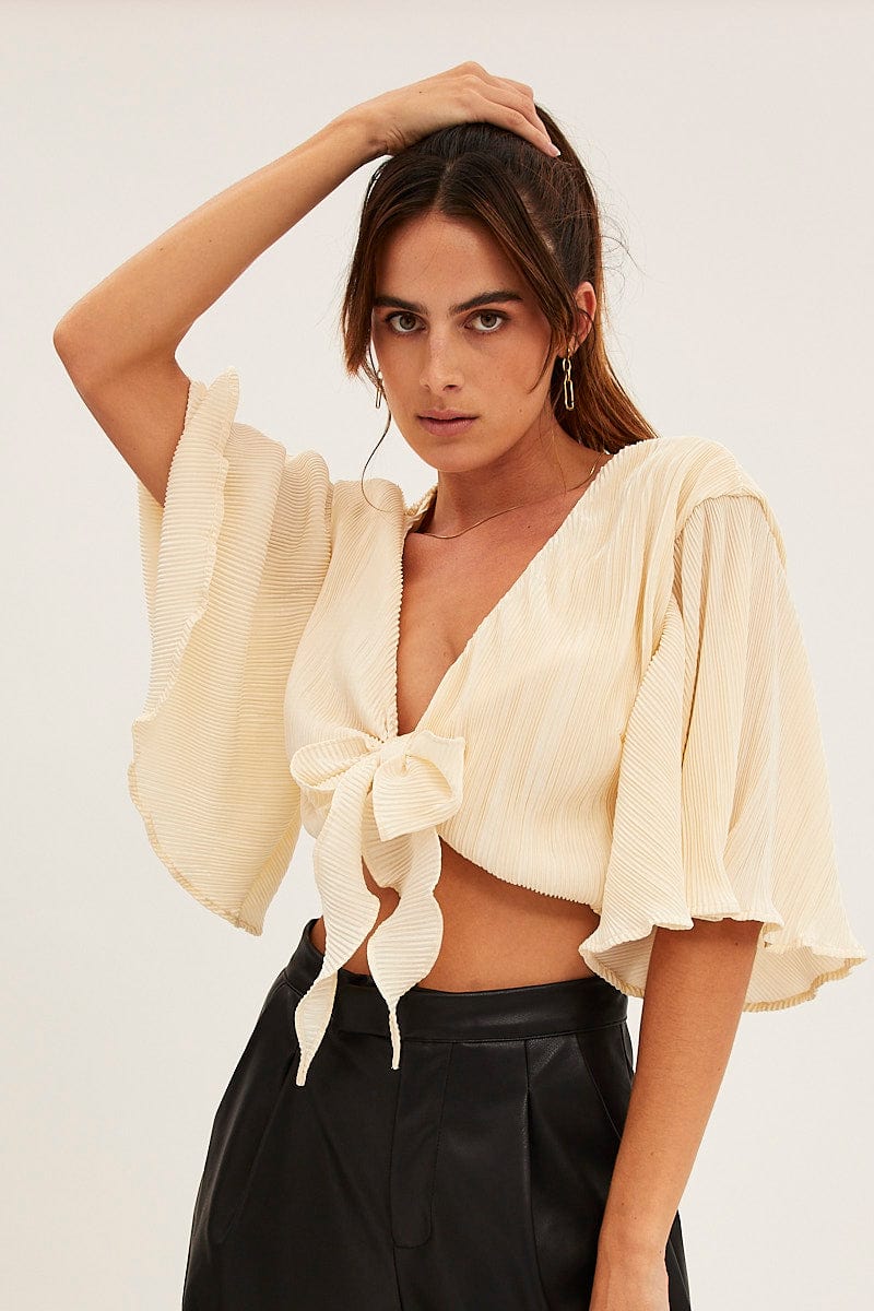 White Plisse Bolero Half Sleeve Tie Front Crop
