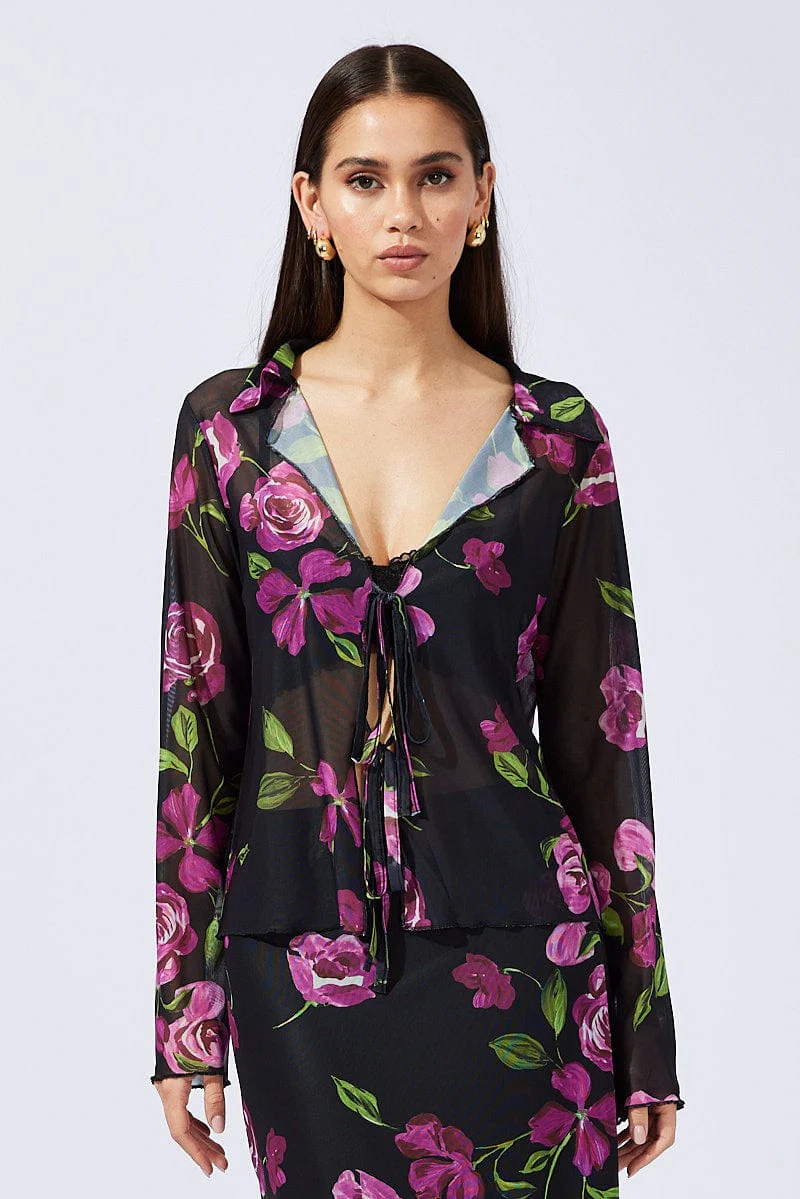 Black Floral Cardigan Long Sleeve