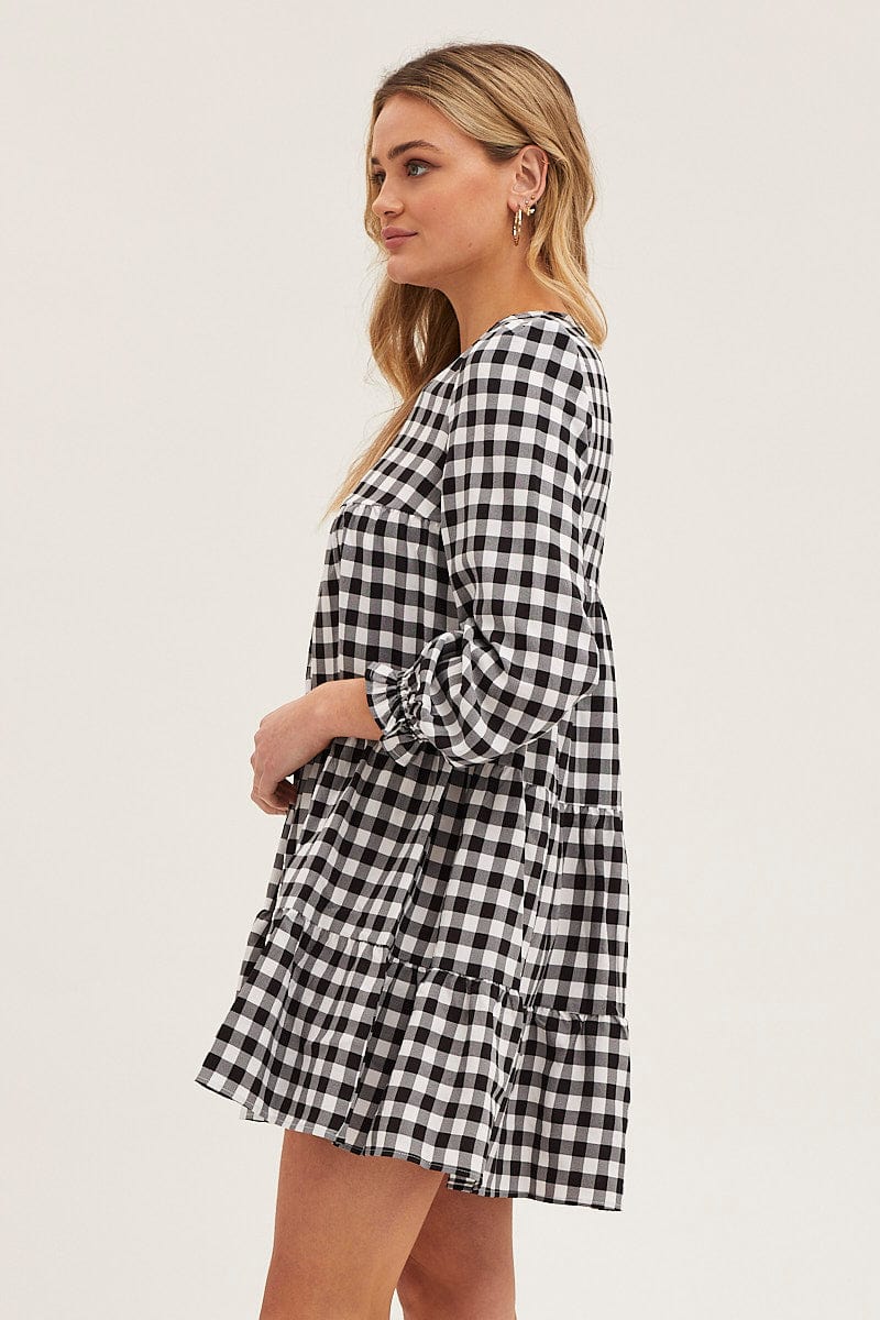 Check Mini Dress Long Sleeve Round Neck