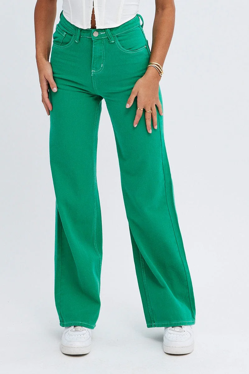 Green Wide Leg Jeans Mid Rise