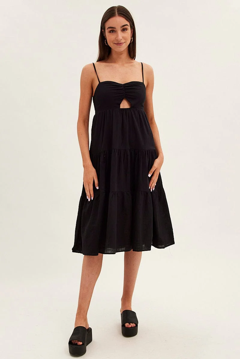 Black Midi Dress Sleeveless Ruched Tiered