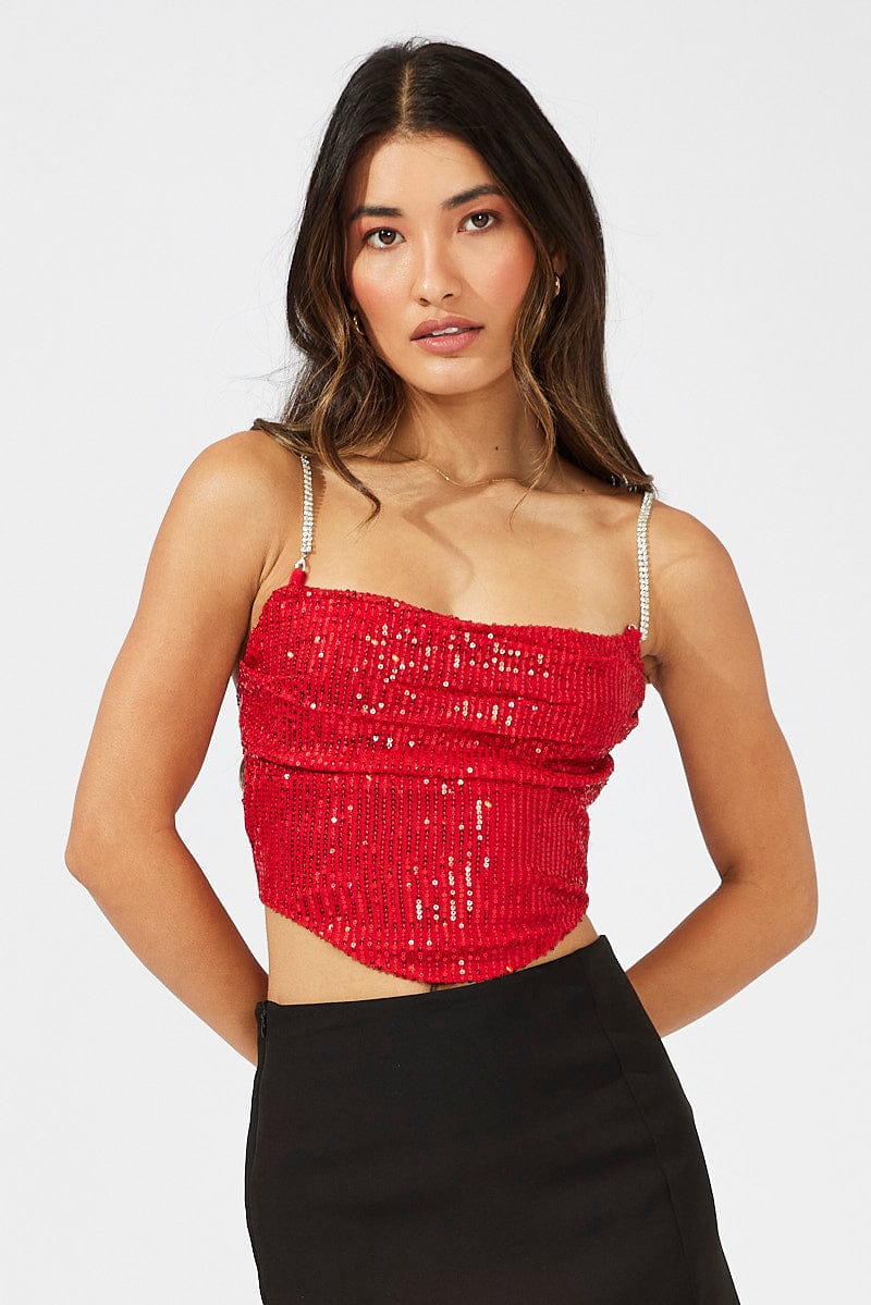 Red Sequins Cami Cowl Neck Crop