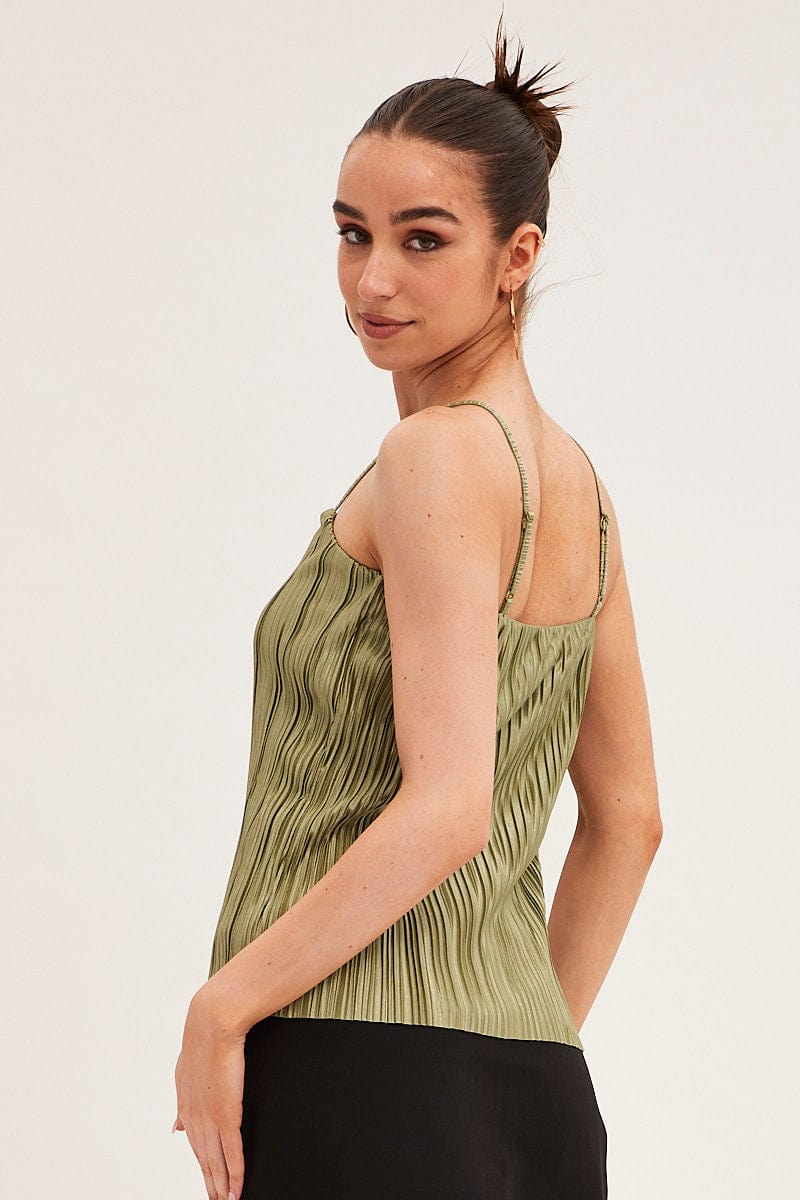 Green Plisse Cami Sleeveless Scoop Neck