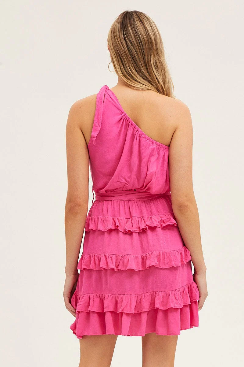 Pink Mini Dress One Shoulder Sleeveless