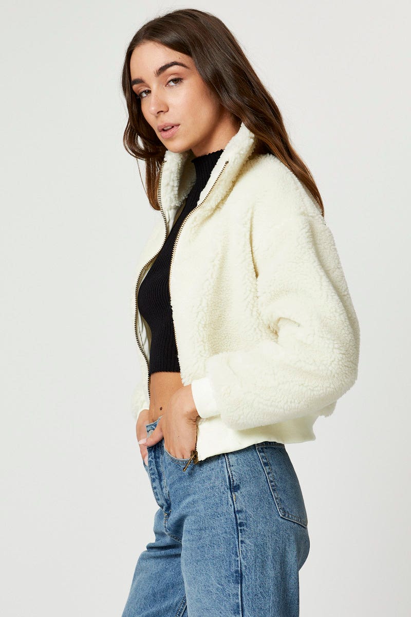 White Faux Fur Jacket Long Sleeve Oversized