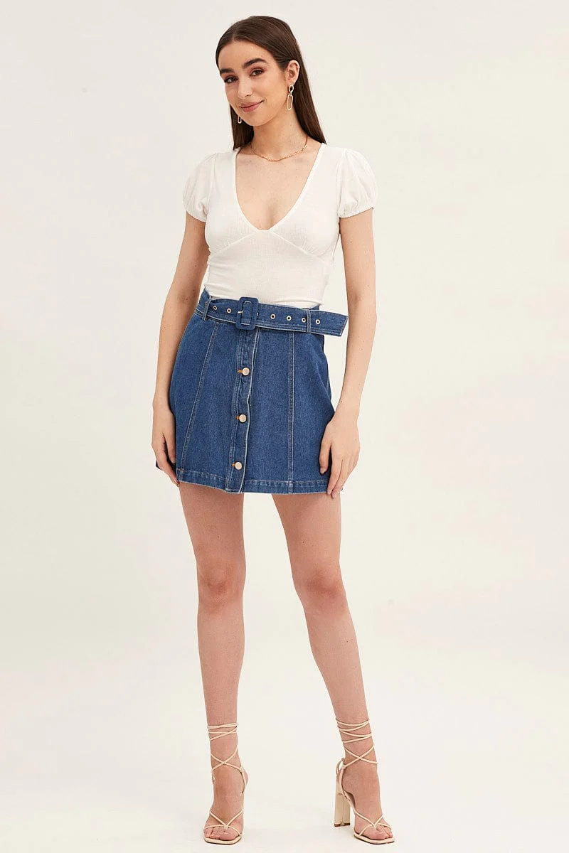 White Top Deep V Neck Puff Sleeve