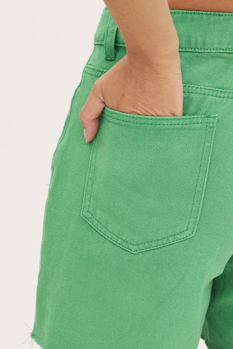 Green Knee Length Denim Shorts High Rise