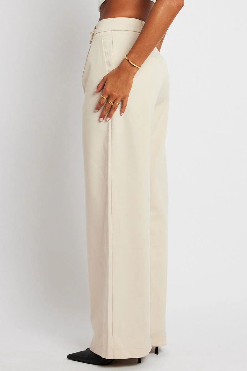Beige Wide Leg Pants Mid Rise