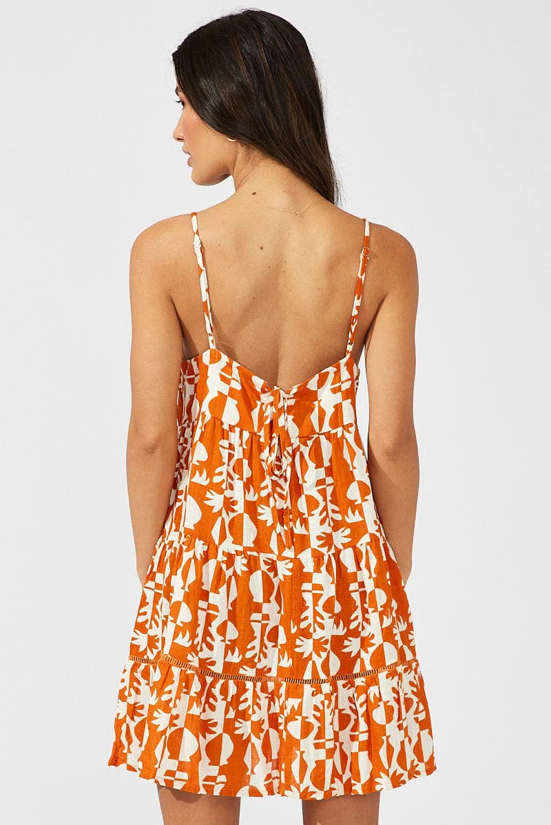 Beige Abstract Tiered Swing Dress Mini