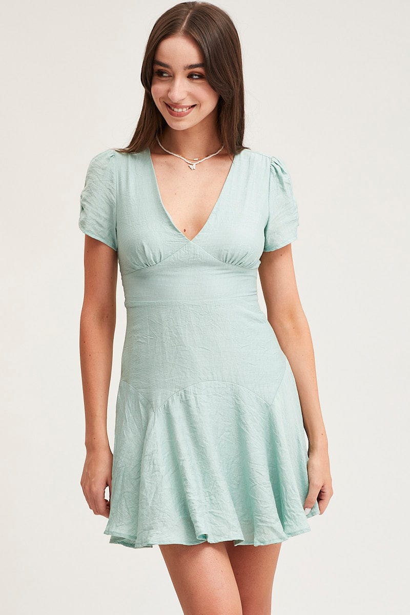 Green A Line Dress Short Sleeve Mini