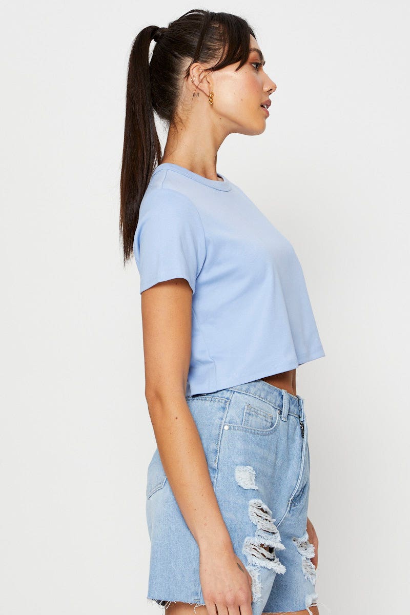 Blue T Shirt Short Sleeve Crop Crew Neck Cotton