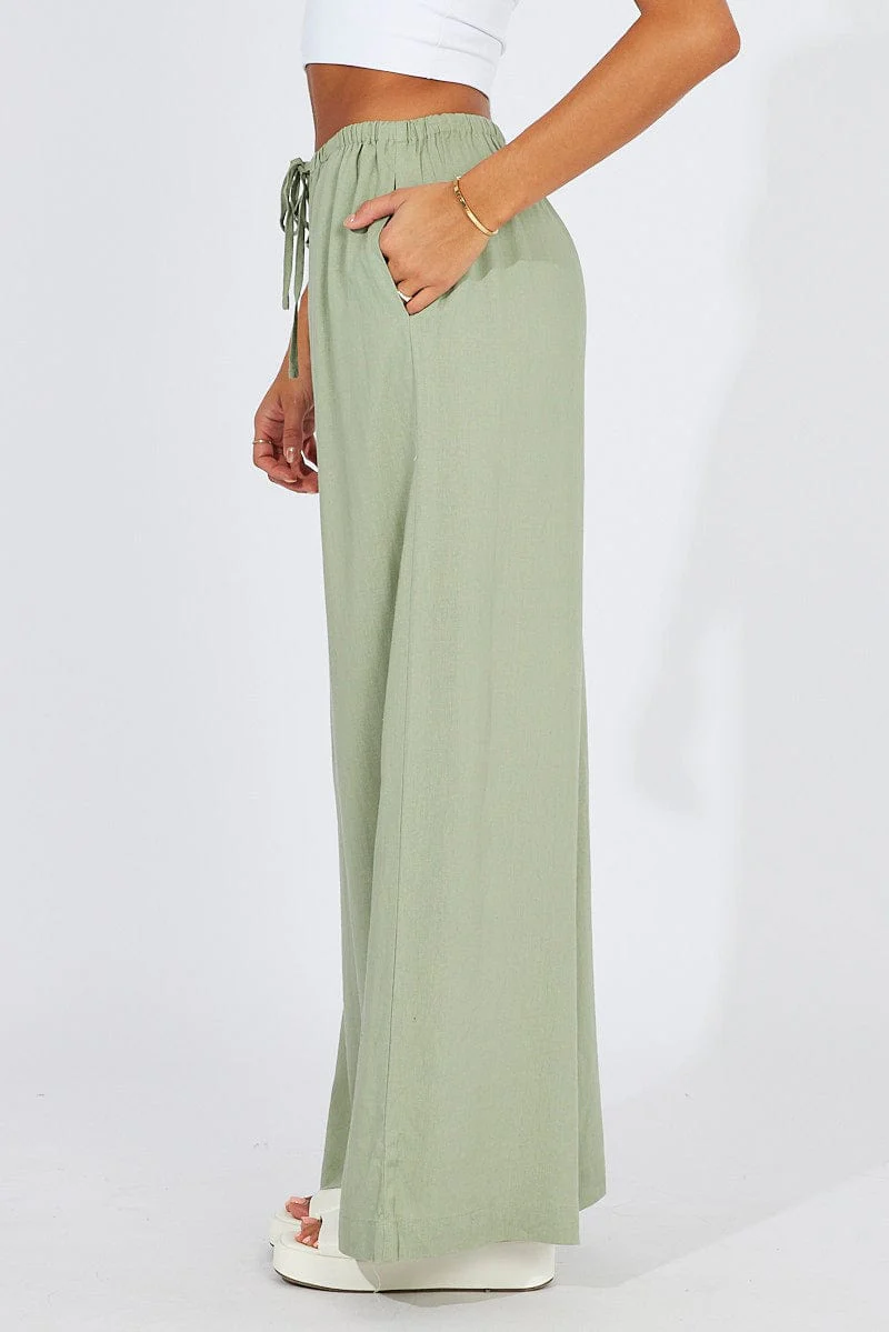 Green Wide Leg Pants High Rise