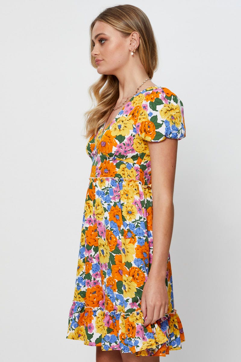 Print Fit And Flare Dress Short Sleeve V Neck