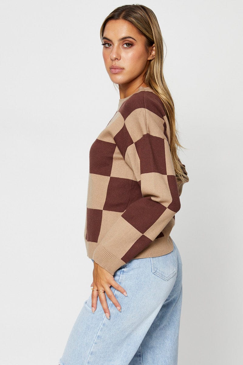 Brown Knit Top Long Sleeve Relaxed Round Neck