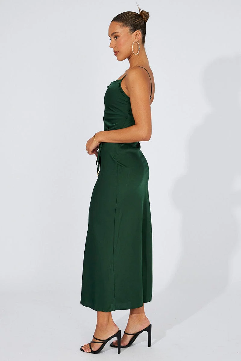 Green Maxi Dress Cowl Neck Satin
