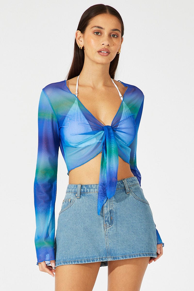 Blue Abstract Tie Up Front Top Long Sleeve Mesh