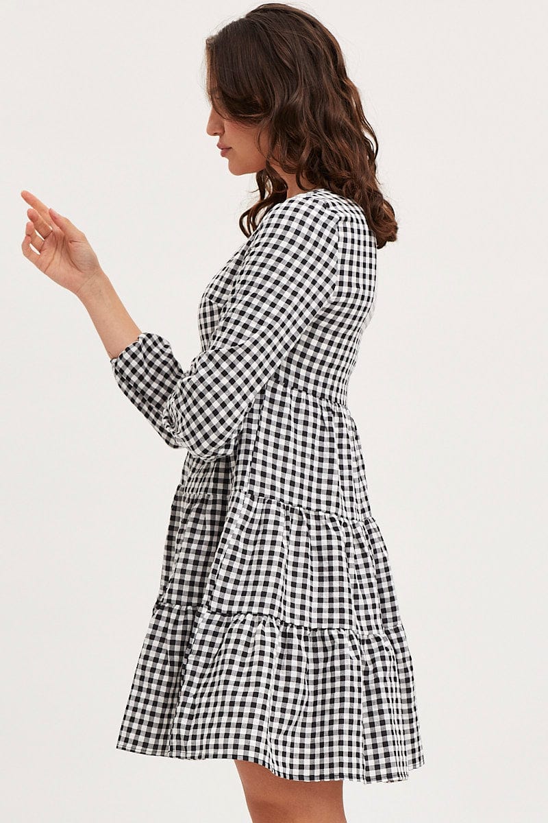 Check Skater Dress Long Sleeve Mini