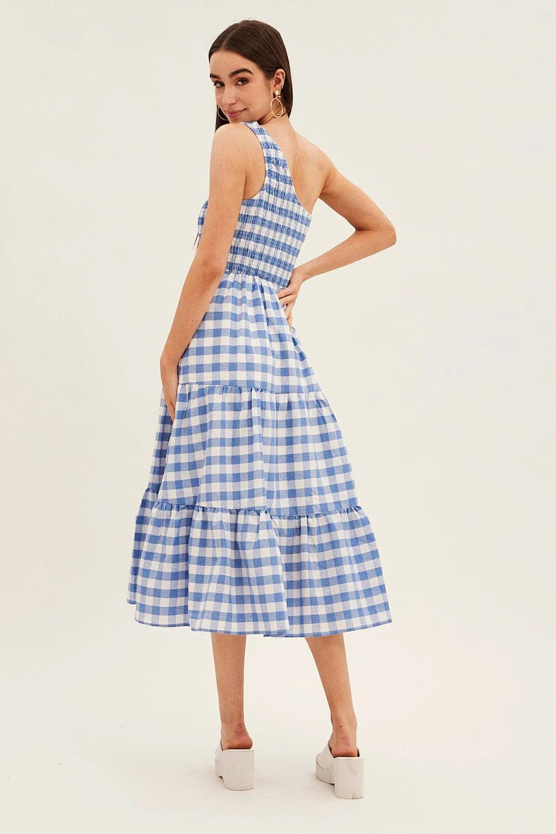 Blue Check Midi Dress One Shoulder Shirred